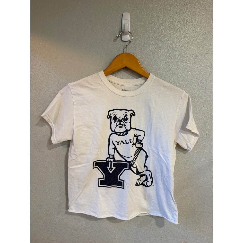 Yale University Graphic T-Shirt Women XS White Bulldog Mascot Raw Hem Cropped